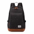 Black canvas backpack with polka dots and brown leather bottom for daily school and travel use. - Black