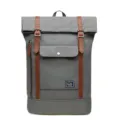 Gray roll-top casual backpack featuring brown leather straps for school, travel, and business. - 17" / Army Green