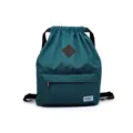Green canvas drawstring backpack casual school bookbag with front zipper pocket and patch. - Lake Blue