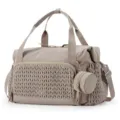 Large capacity travel diaper bag mommy bag in taupe with braided front pocket and shoulder strap. - Camel