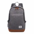 Grey canvas backpack for school and daily casual use with brown leather bottom and polka dots. - Gray