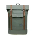 Trendy nylon roll-top backpack with brown leather straps and front pocket for men and women. - 17" / Grey Green