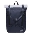Black canvas roll-top backpack with grey top and straps, casual travel school bag. - Black and Gray