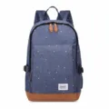 Blue canvas backpack with white polka dots and brown leather bottom for daily use and school. - Royal Blue
