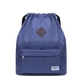 Blauwe canvas trekkoord rugzak met voorzak met rits casual sport gym tas voor dames en heren - Denim Blauw