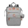 Grey multi-functional mommy diaper backpack with brown leather accents and quilted front pocket. - Gray
