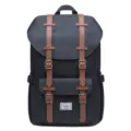 Classic canvas backpack with brown leather straps, vintage school bag for men and women daily use. - Black
