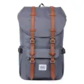 Grey canvas backpack with brown leather straps, vintage casual daypack for school travel. - Gray