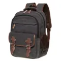 Dark grey canvas backpack with brown leather straps, practical multi-compartment school bag. - Black