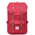 Large capacity canvas backpack with brown leather straps for daily school travel outdoor use. - Red