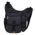Black canvas tactical shoulder bag for men, multi-pocket outdoor crossbody chest pack. - Black