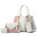 Stylish color-block women handbag four-piece set shoulder crossbody tote bag white pink grey. - White