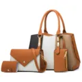 4-Piece Women Handbag Set Color Block Tote Shoulder Crossbody Bag PU Leather - Brown
