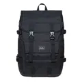 Large capacity black backpack for travel, durable fabric with dual buckle front pockets. - Black
