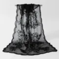 Black lace embroidered long scarf detail, featuring elegant wave edges and soft nylon. - Black