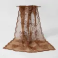 Close-up detail of the brown nylon scarf featuring delicate floral embroidery and wave edge. - Khaki