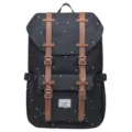 Casual canvas backpack with polka dots and brown faux leather straps for daily school use. - Black Spotted