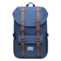 Blue canvas vintage backpack with brown leather straps, casual school bookbag for daily use. - Blue
