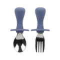Baby silicone training spoon and fork set with short blue handles and stainless steel. - Set / Dark Blue