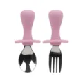 Baby silicone training spoon and fork set with stainless steel head and safety choke shield. - Set / Pink