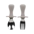 baby silicone stainless steel training spoon fork set ergonomic short handle tableware - Set / Gray
