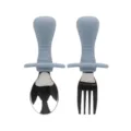 Baby silicone training fork spoon set grey blue short handle stainless steel tableware - Set / Light Blue