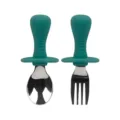 Toddler training spoon and fork set with silicone short handle and stainless steel in dark green. - Set / Dark Green