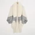 Detailed view of knitted shawl cape featuring plush faux fur collar and stylish fringe hem. - 3# White