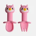 Ensemble cuillère et fourchette pour bébé en silicone hibou rose, couverts sûrs. - Hibou rose