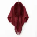 Burgundy faux fur collar knitted fringe shawl women open front cape winter warm cardigan - Red