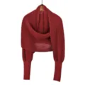 Red knitted hollow batwing shawl detail view, casual open front sweater cardigan top. - 5# Wine Red