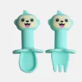 Set cuillère fourchette silicone bébé joli singe dessin animé vaisselle d'apprentissage - Singe - Bleu cyan