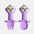 Set de cuillère et fourchette bébé en silicone avec joli singe violet pour l'apprentissage. - Singe Violet