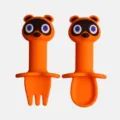 Kit cuillère fourchette d'entraînement en silicone pour bébé joli design animal de dessin animé - Raton laveur - Orange