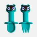 Kit cuillère et fourchette d'apprentissage en silicone pour bébé avec joli design animal. - Raton laveur - Bleu foncé