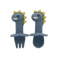 Schattige dino siliconen lepel en vork set voor baby voeden, veilig kinderservies. - Dinosaurus korte vork en lepel - Donkerblauw