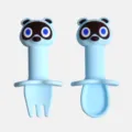 Set de cuillère et fourchette en silicone pour bébé avec manche animal pour l'apprentissage. - Raton laveur - Bleu clair