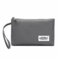 Grey nylon clutch bag with wrist strap, zipper closure and front logo patch for daily use. - Gray