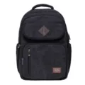 Black canvas casual backpack with retro design, multiple zipper pockets and leather patches. - Black