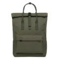 Military green canvas roll-top backpack with front pocket and top handles for daily travel. - Green