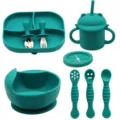 Silicone baby feeding set with divided suction plate bowl spoon fork cup for toddlers. - Dark Green
