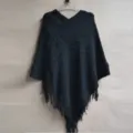 Women black knitted pullover poncho sweater loose tassel cape batwing cardigan top elegant style. - 1# Black
