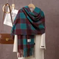 Retro plaid tassel scarf for women, soft winter warm stylish color block fashion neck wrap. - 180cm / Haqing Green