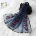 French vintage floral embroidered mesh long scarf lace trim stylish sun protection shawl - Navy Blue