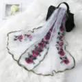 French vintage colorful floral embroidered mesh long scarf with delicate lace trim for women - White
