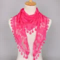 Hot pink lace triangular scarf with rose patterns and teardrop tassels for women elegant shawl. - Rose Red