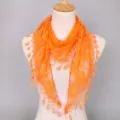 Orange lace triangular scarf with rose pattern and stylish teardrop tassels for women. - Orange