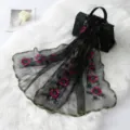 Black mesh floral embroidered long scarf, vintage sheer lace trim sun protection shawl wrap. - Black
