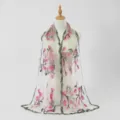 Sheer nylon long scarf with pink tulip embroidery and green edge for women travel fashion - White
