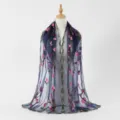 Women long embroidered mesh scarf blue floral fringe shawl elegant lightweight sun protection - Navy Blue